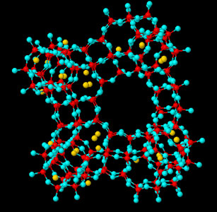 EMT structure with sodium extraframework cations at sites typical for this zeolite.