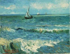 The beach at Saintes-Maries de la Mer, a bay with crystal blue water, relatively cold for the French riviera. Here: as painted by Vincent.