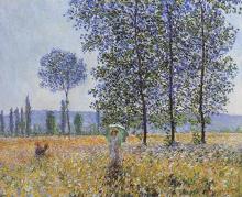 "Sunlight under the Poplars", a young woman with an umbrell and a dog; the painting is also denoted as "Champs au printemps"